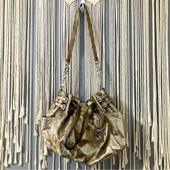 Michael Kors Edie Gold Snakeskin Print Hobo Shoulder Handbag - Picture 1 of 12